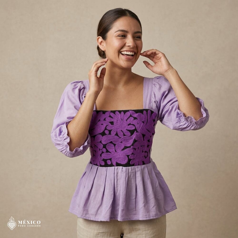 Mexican Embroidered Peplum Blouse – Handmade Cotton Puff Sleeve Corset Top